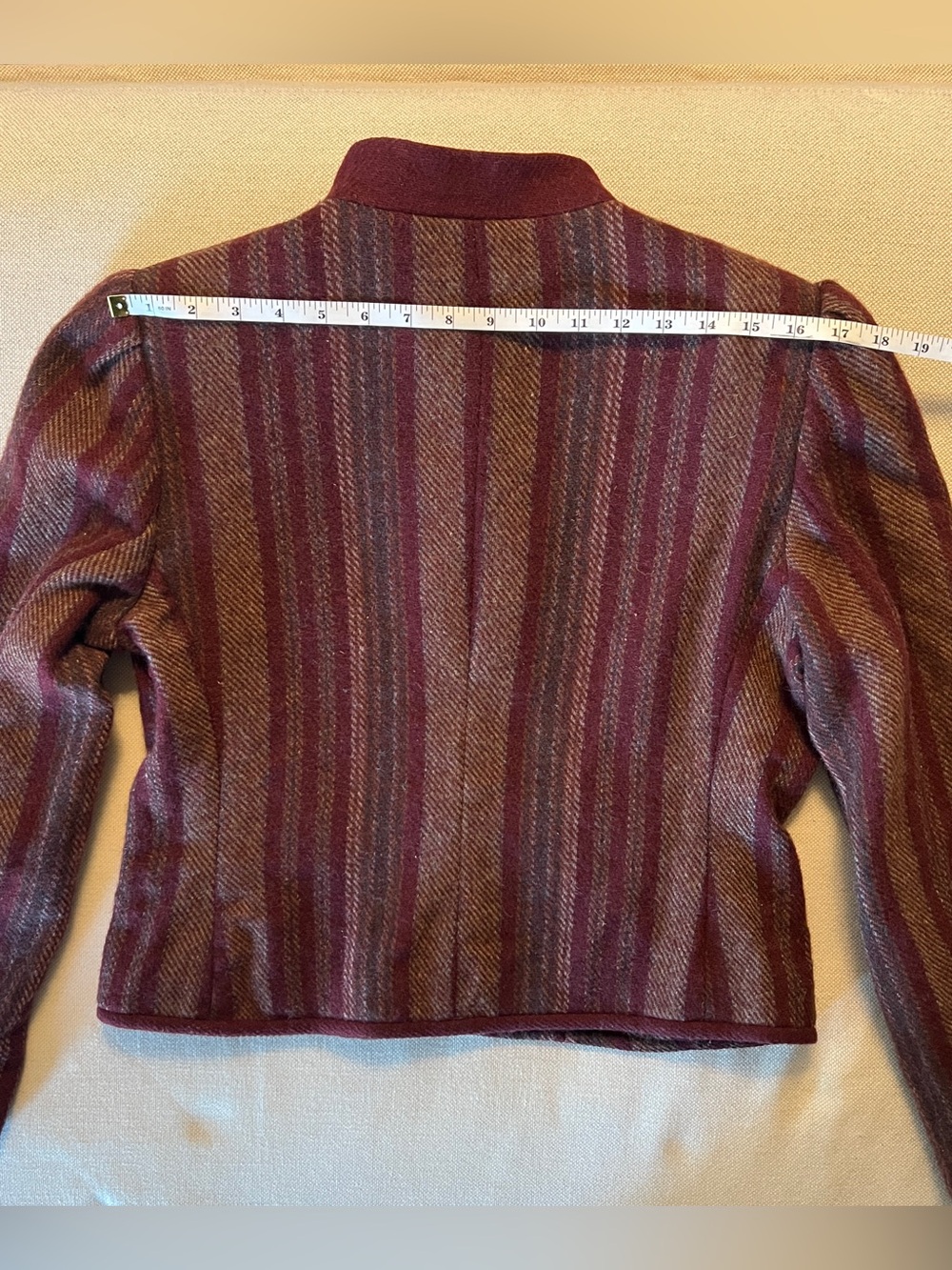 SASSON 100% Wool Mandarin Collar Cropped Stripe Jacket Burgundy Maroon | US M - Picture 5 of 11